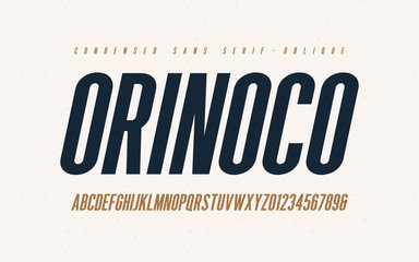 Orinoko condensed oblique san serif vector font, alphabet, typeface