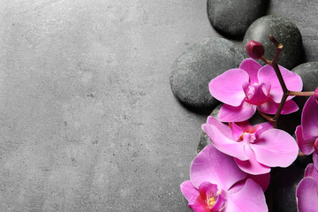 Obraz na płótnie Canvas Composition with spa stones and orchid flowers on grey background. Space for text