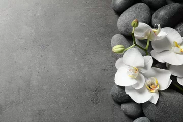  Plat lag compositie met spa stenen en orchideebloemen op grijze achtergrond. Ruimte voor tekst © New Africa