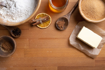 Top view of food ingredients with copy space for recipe. Flour, butter, sugar, spices