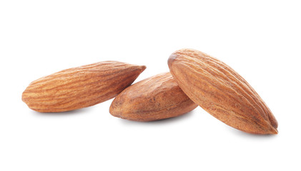 Organic almond nuts on white background. Healthy snack
