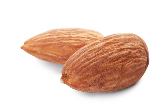Organic almond nuts on white background. Healthy snack