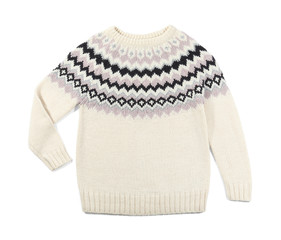 Naklejka premium Cozy warm sweater on white background, top view