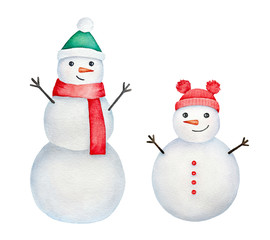 Two happy smiling snowmen with wooden arms, funny carrot noses and warm winter accessories. Hand painted watercolour graphic drawing on white background, cut out elements for design and decoration.