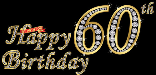 60 years happy birthday golden sign with diamonds, vector illustration