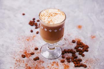 Latte coffee arabica espresso beans dark chocolate background.
