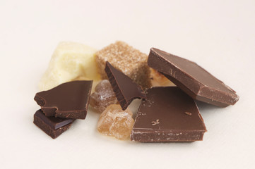Lumps of dark chocolate, brown sugar and cocoa