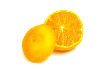 Isolated tangerines. Two mandarin orange fruits and peeled segments isolated on white background.