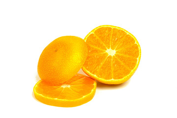Isolated tangerines. Two mandarin orange fruits and peeled segments isolated on white background.