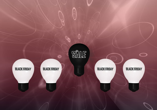 Glühbirnen mit dem Text "Black Friday" und eine schwarze Glühbirne mit dem Text "Sale".