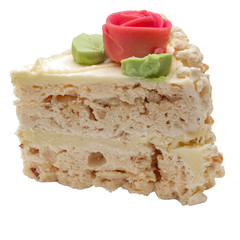 a piece of meringue cake decorated with rose isolate