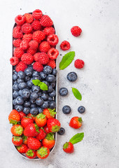 Fresh raw organic berries in in stainless steel tray on kitchen table background. Space for text. Top view. Strawberry, Raspberry, Blueberry and Mint leaf