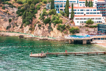 Fragment of the city of Budva: view of the modern beach, Montenegro, Europe. Budva is one of the best and most popular resorts on the Adriatic Riviera.