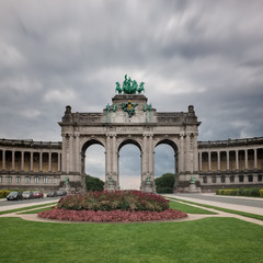 Long exposure image of the The Triumphal Arch in Cinquantenaire Parc in Brussels, Belgium.