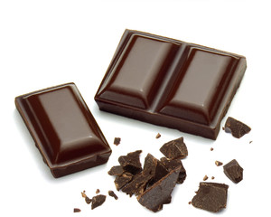 Dark Chocolate Bar, tablets with pieces isolated on white background