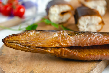 Smoked eel ready to eat. Delicious freshly made seafood.