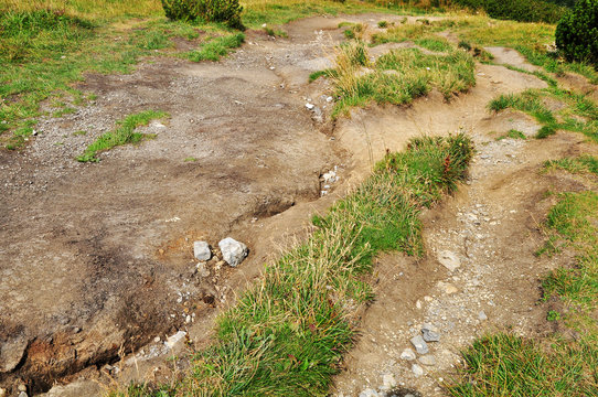 Soil erosion of earth by water and walking