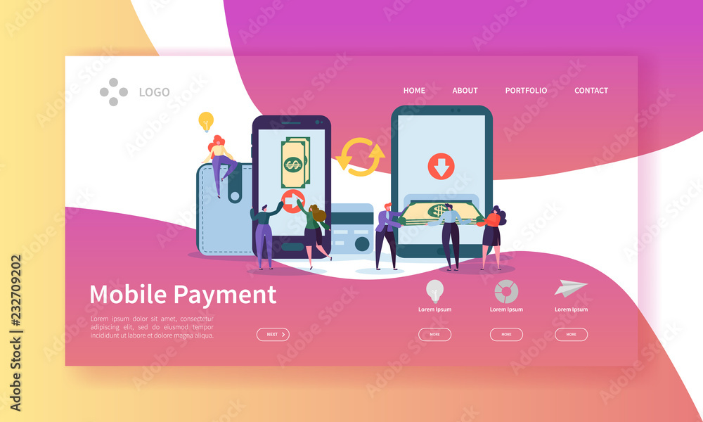 Aufkleber online banking landing page. mobile payment banner with flat people characters making payments using