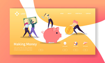 Making Money Landing Page. Business Investment Banner with Flat People Characters Saving Money Website Template. Easy Edit and Customize. Vector illustration