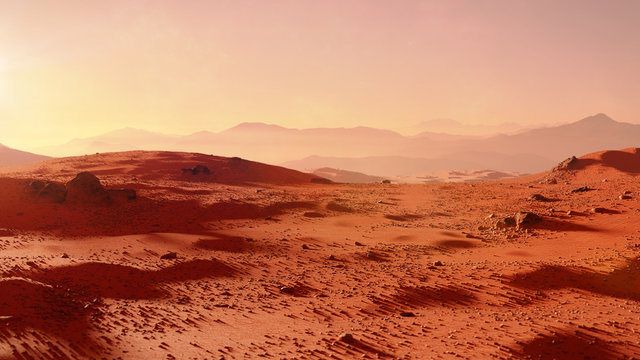 Fototapeta landscape on planet Mars, scenic desert scene on the red planet (3d space render)