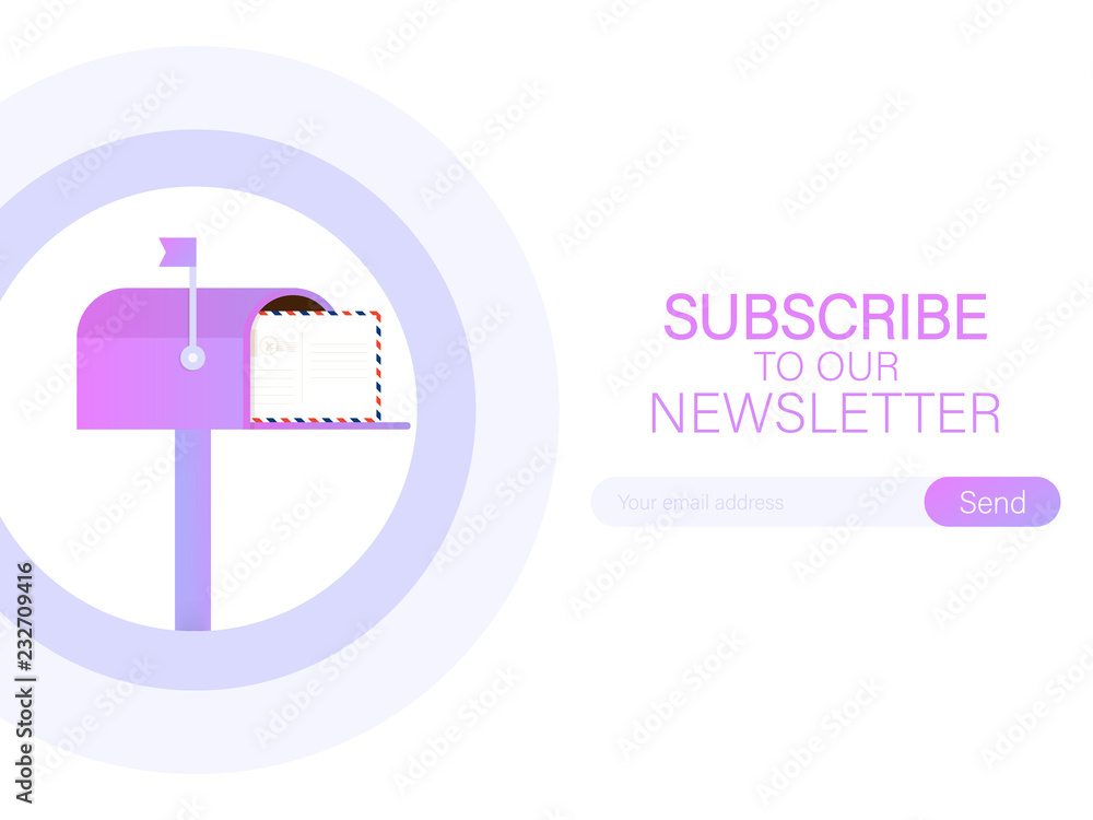 Poster email subscribe, online newsletter vector template with mailbox and submit button on laptop screen.