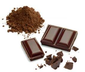 Dark chocolate bars with chips or pieces with cocoa pile isolated on white background
