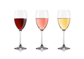 Glasses of white red and pink rose wine on white