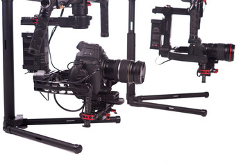 Sistem stabilization video camera and lens on steady equipment support such as gimbal steady or stabilized. White background