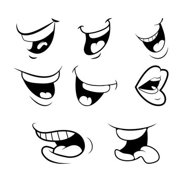outline Cartoon Mouth Set . Tongue, Smile, Teeth. Expressive Emotions. Simple flat design isolated on white background