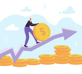 Successful Businessman Character Pushing Big Golden Coin Up to the Arrow. Wealth, Financial Success, Money Growth, Profit Concept. Vector illustration
