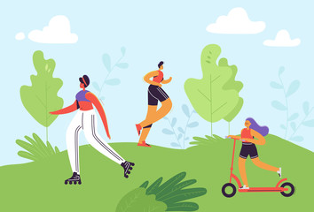Healthy Lifestyle Concept. Active People Excercising in Park. Man Running, Woman Roller Skating, Girl Riding Pushscooter. Outdoor Activities. Vector illustration