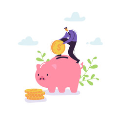 Businessman Saving Money in Piggy Bank. Financial and Money Savings Concept with Business Character. Investments Successful Economy. Vector illustration
