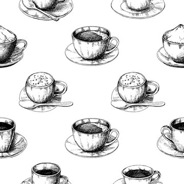 Sketch different mug of coffee on a saucer. Seamless pattern.