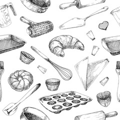 Seamless pattern of dishes for baking. Baking stuff