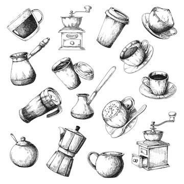 Large coffee set. Sketch the different cups of coffee, coffee pots and other items