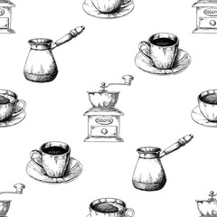 Seamless pattern. Sketch the different cups of coffee, coffee pots and other items.