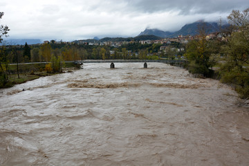 Belluno,Italy,10/30/2018,the river  piave, crossing Belluno After the great wave of bad weather
