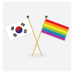 The Republic of Korea and colorful Pride rainbow flags icons with shadow on off white background