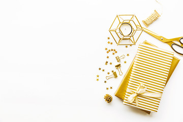 Flat Lay on White Background with Golden Deco