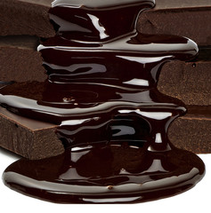 Chocolate blocks with sauce flow detail on white background