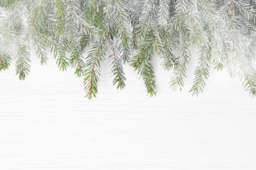 Obraz premium Christmas fir tree branches with snow on white wooden background. Copy space, top view