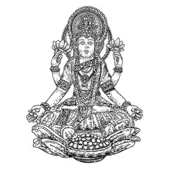 Hand drawn Lakshmi goddess. Is the goddess of blessing, abundance, prosperity, wealth, luck and happiness. Symbol of Diwali, a light festival of India. Vector.