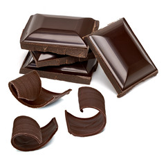 Broken or cracked dark chocolate bars, chips or pieces and curl isolated on white background