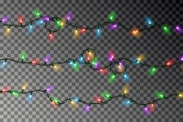 Christmas color lights string vector. Transparent colorful effect decoration isolated on dark backgr