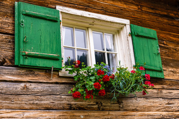 Fenster mit Blumen eines Holzhauses, Allgäu, Bayern, Deutschland