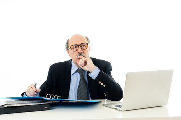 Portrait of happy business man working on laptop on new project sharing ideas