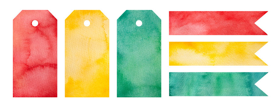Empty tag collection with bright colour gradient. Beautiful writable elements for text, notes, marks, present, packs, cards, scrapbooking, personal planners. Hand painted water color graphic on white.
