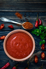 Bitter pepper. Red hot pepper and seasoning. Bitter and spicy red pepper sauce.