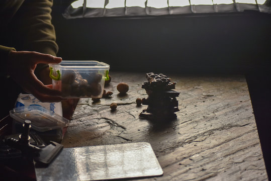 Photography blogging workshop concept. Hand holding camera taking photo.