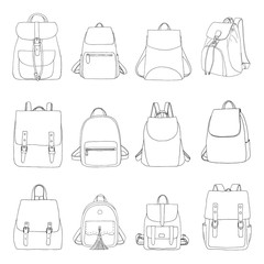 Set of different bags, men, women and unisex. Bags isolated on white background. Vector illustration in sketch style.